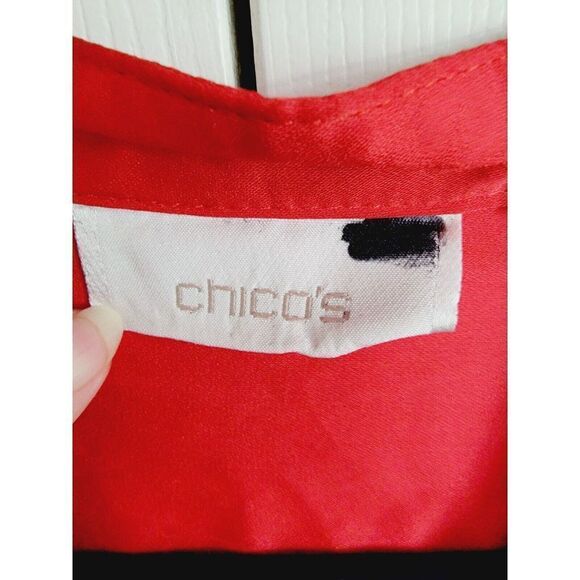 Chico's 3 Silk Blouse Red Button Front Short Sleeve Top Mandarin Collar - Picture 5 of 6